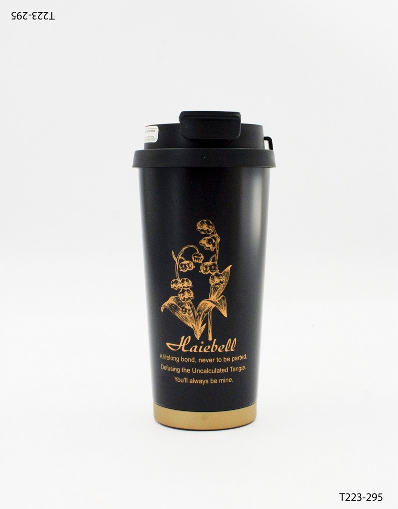 Vaso térmico negro con diseño floral y mensaje T223