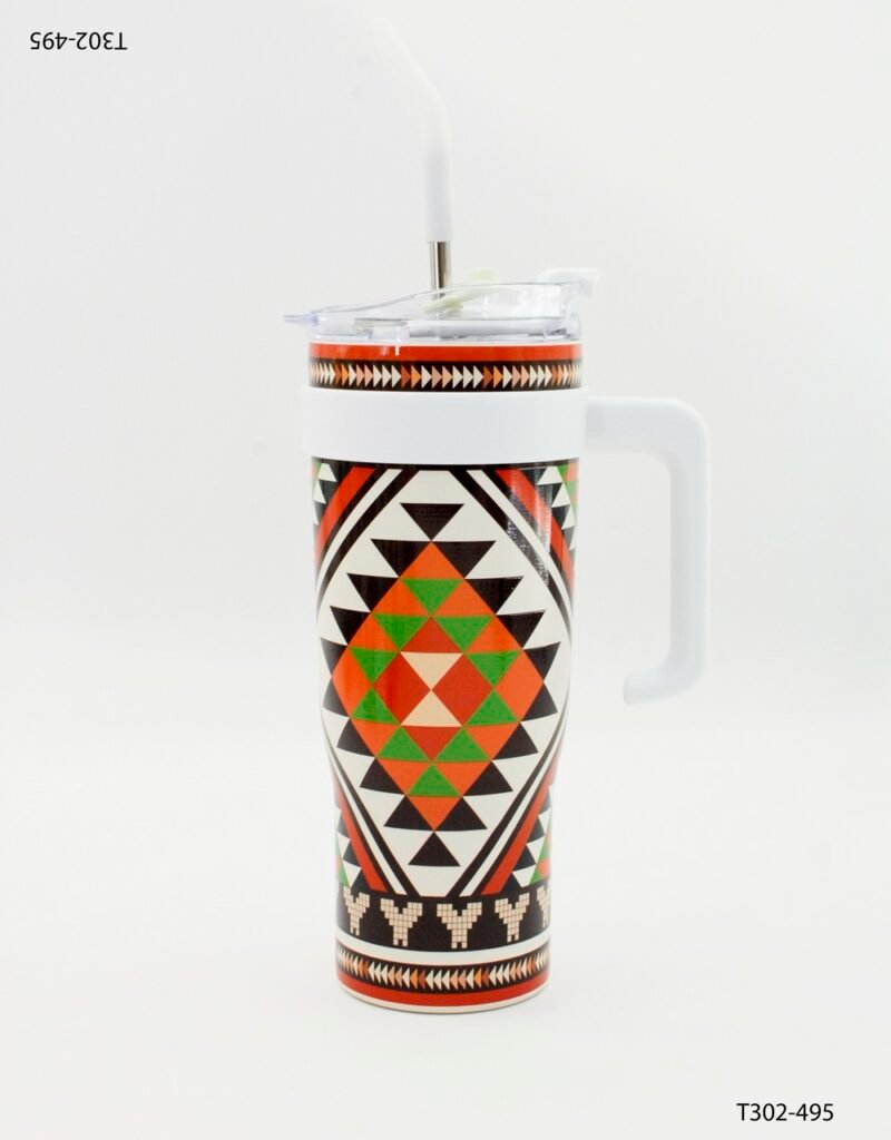 Vaso térmico con asa y sorbete diseño patrones geométricos T302