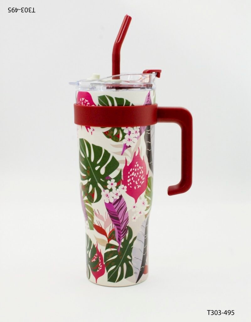 Vaso térmico con asa y sorbete diseño floral T303
