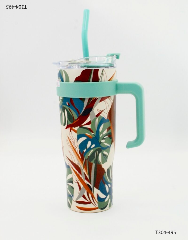 Vaso térmico con asa y sorbete diseño floral T304