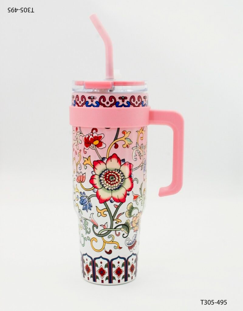 Vaso térmico con asa y sorbete diseño floral T305