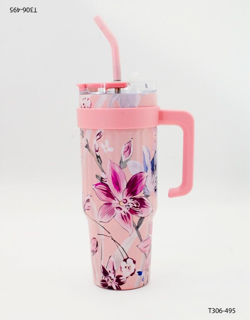 Vaso térmico con asa y sorbete diseño floral T306