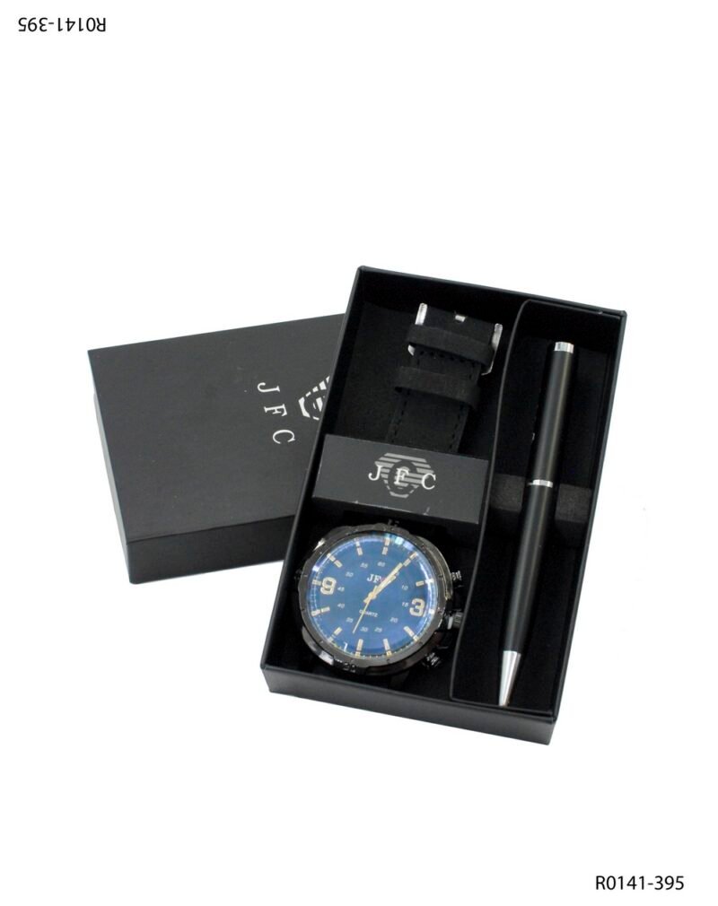 Set de reloj correa negra+ bolígrafo R0141