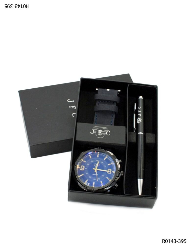 Set de reloj correa negra+ bolígrafo R0143