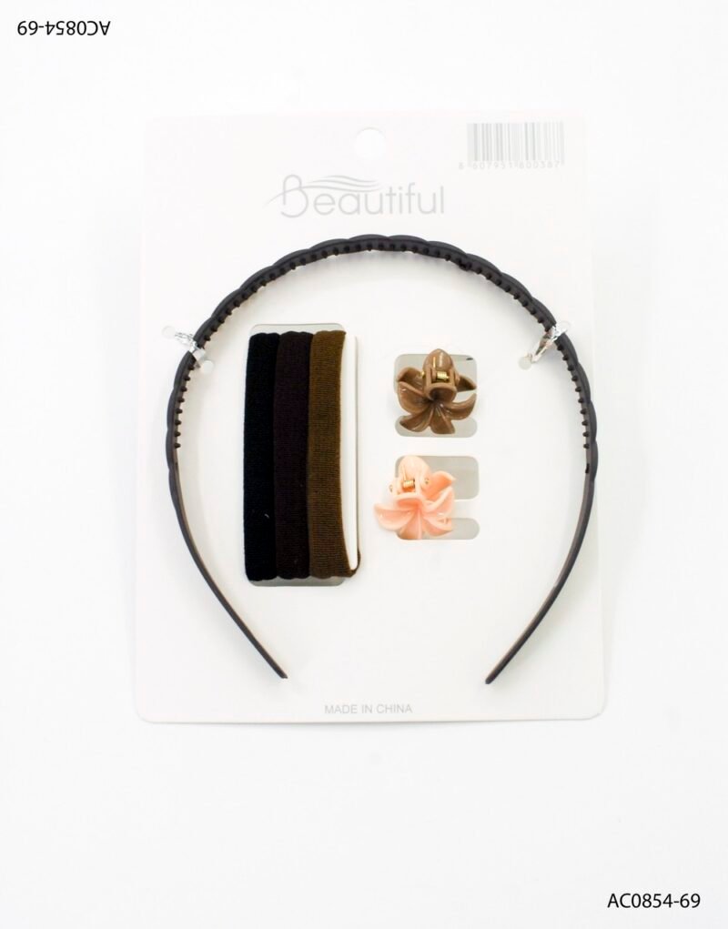 Set de vincha con textura, tres gomitas elásticas y dos hebillas en forma de flor AC0854