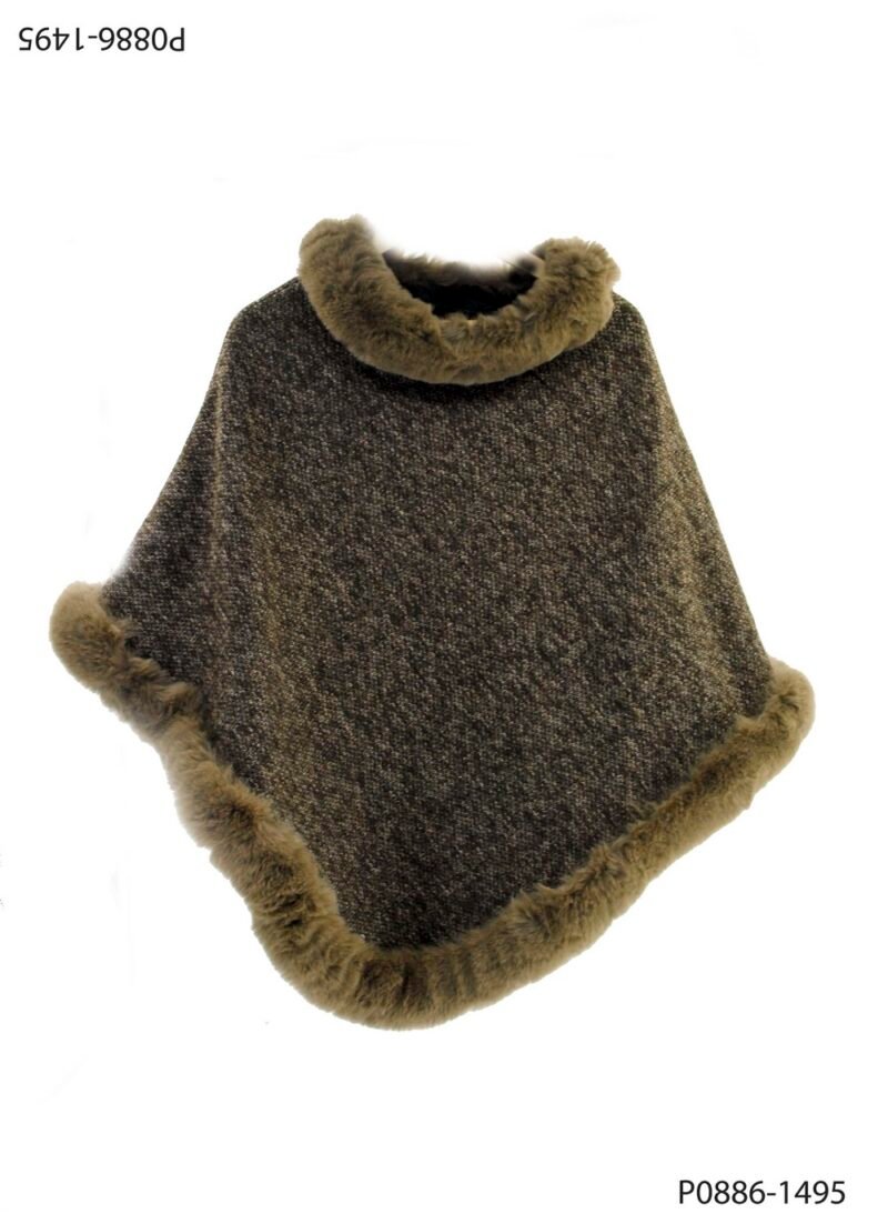 Poncho con cuello y bordes en piel sintética P0886