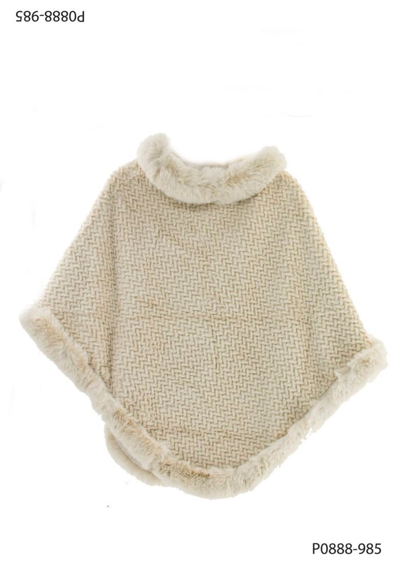 Poncho beige con cuello y bordes en piel sintética gris P0888