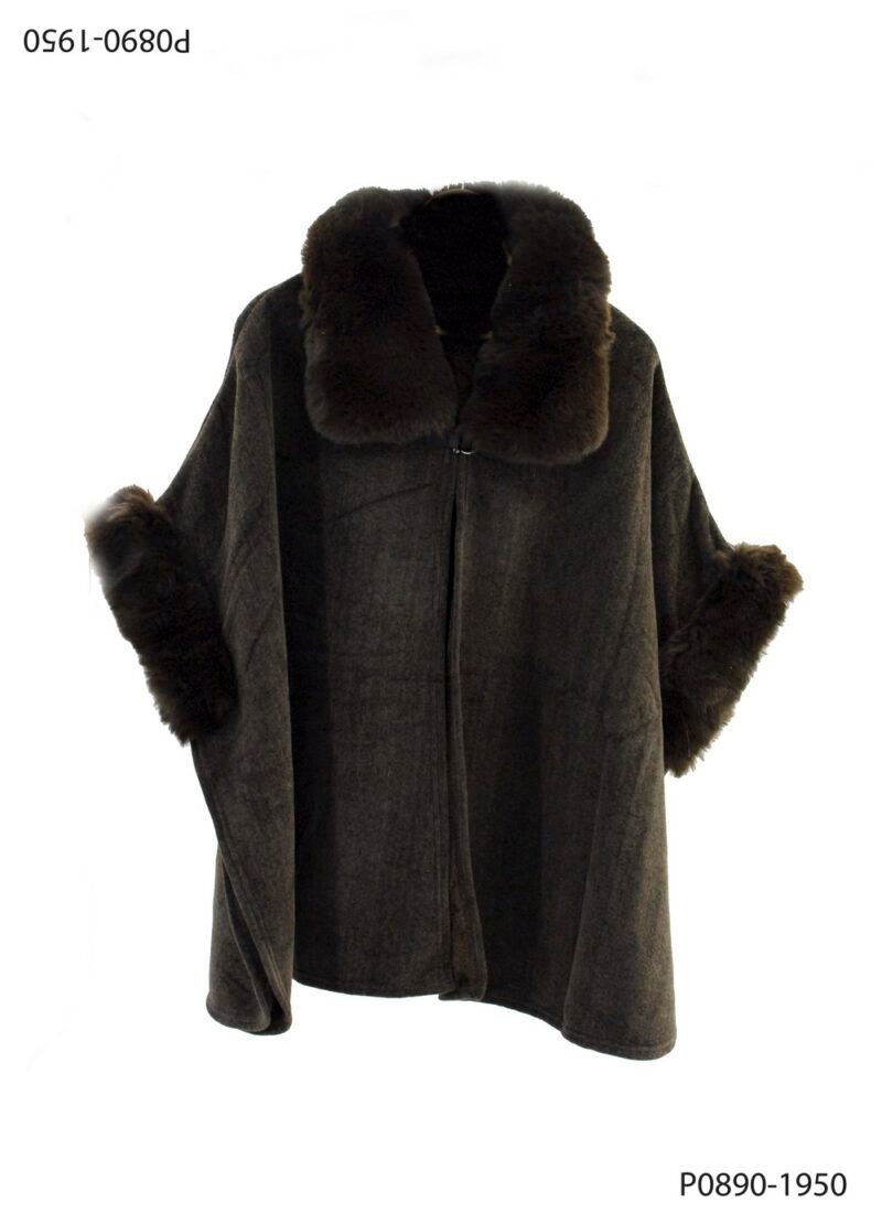 Capa marrón oscuro con cuello y mangas ribeteadas en piel P0890