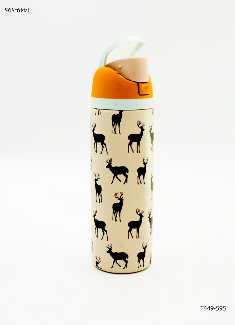 Botella térmica con patrón repetitivo de siluetas y tapa abatible T449