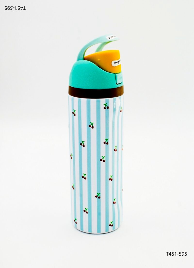 Botella térmica con patrón repetitivo de siluetas y tapa abatible T451