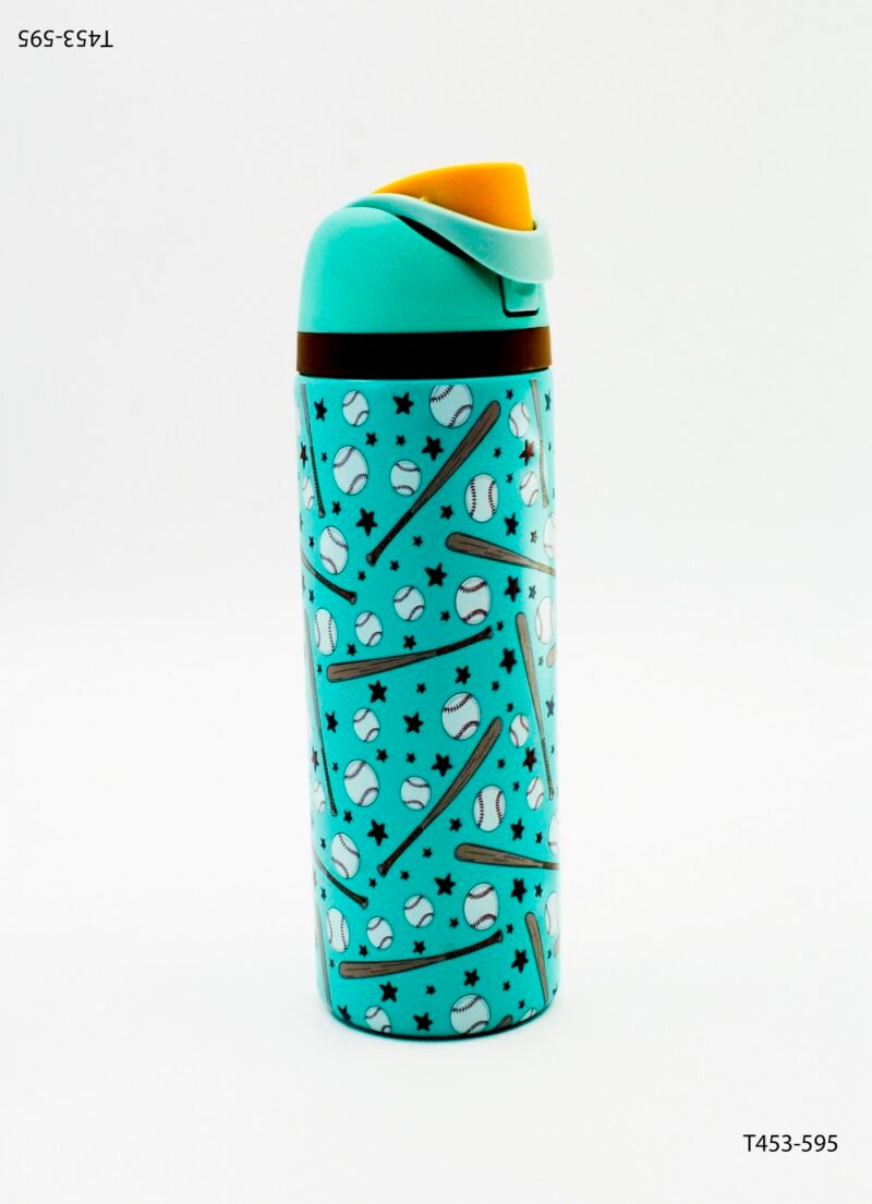 Botella térmica con patrón repetitivo de siluetas y tapa abatible T453