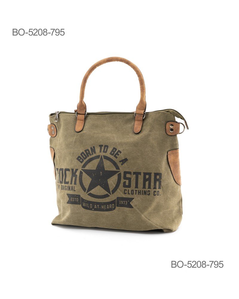 Bolso de lona color caqui con asas y detalles en cuero marrón BO5208