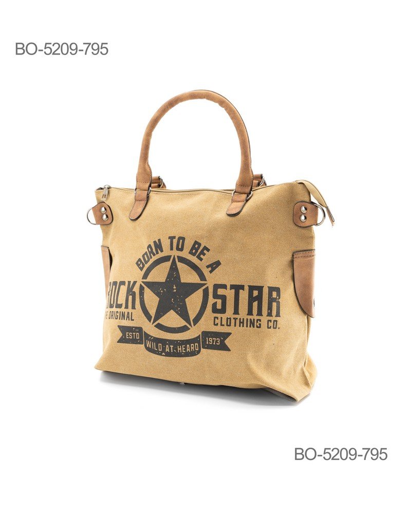 Bolso de lona color camel con asas y detalles en cuero marrón BO5209