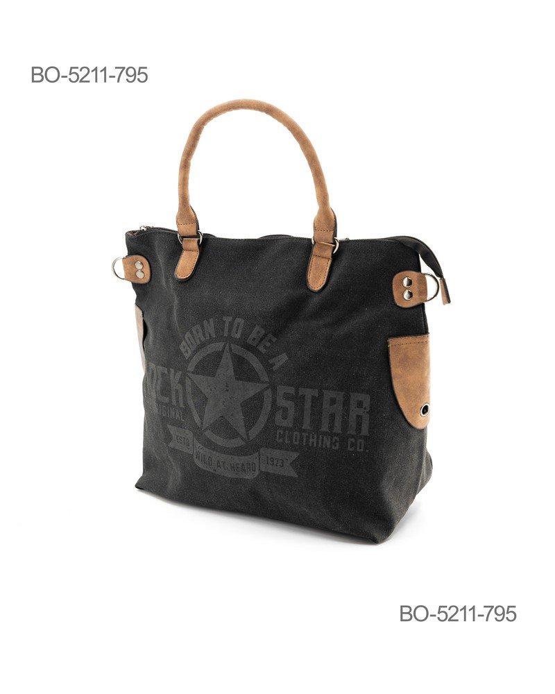 Bolso de lona negro con asas y detalles en cuero marrón BO5211