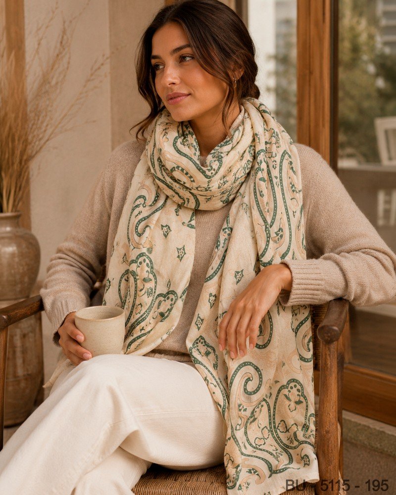 Pashmina de Algodón con Estampado Paisley y Detalles en Verde Bosque BU5115