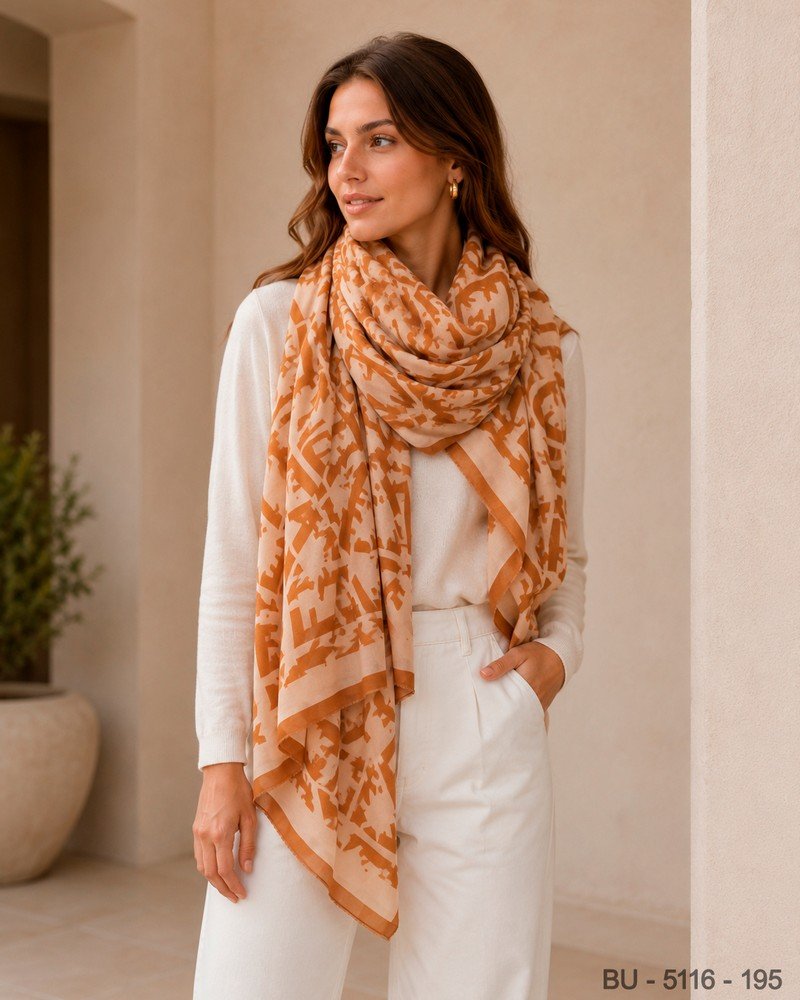 Pashmina de Algodón con Estampado Geométrico en Tono Terracota BU5116