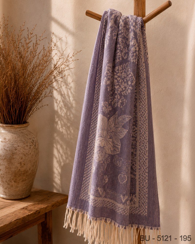 Pashmina en Tono Lavanda con Motivos Florales y Terminación en Flecos BU5121