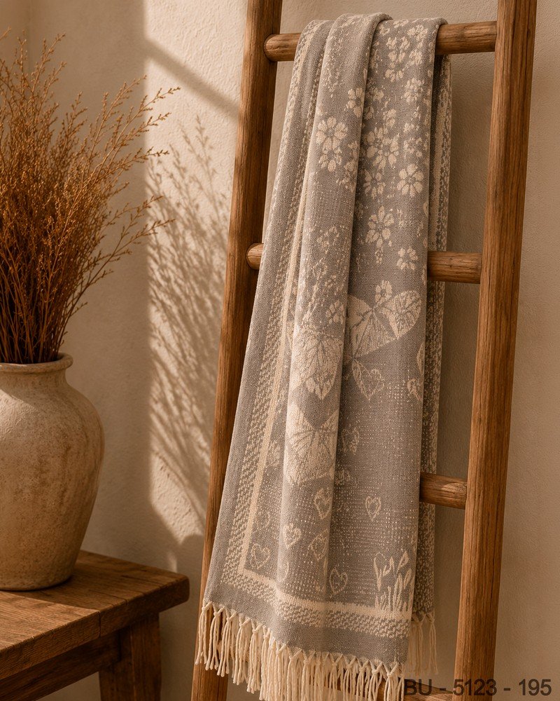 Pashmina en Gris Melange con Motivos Florales y Terminación en Flecos BU5123