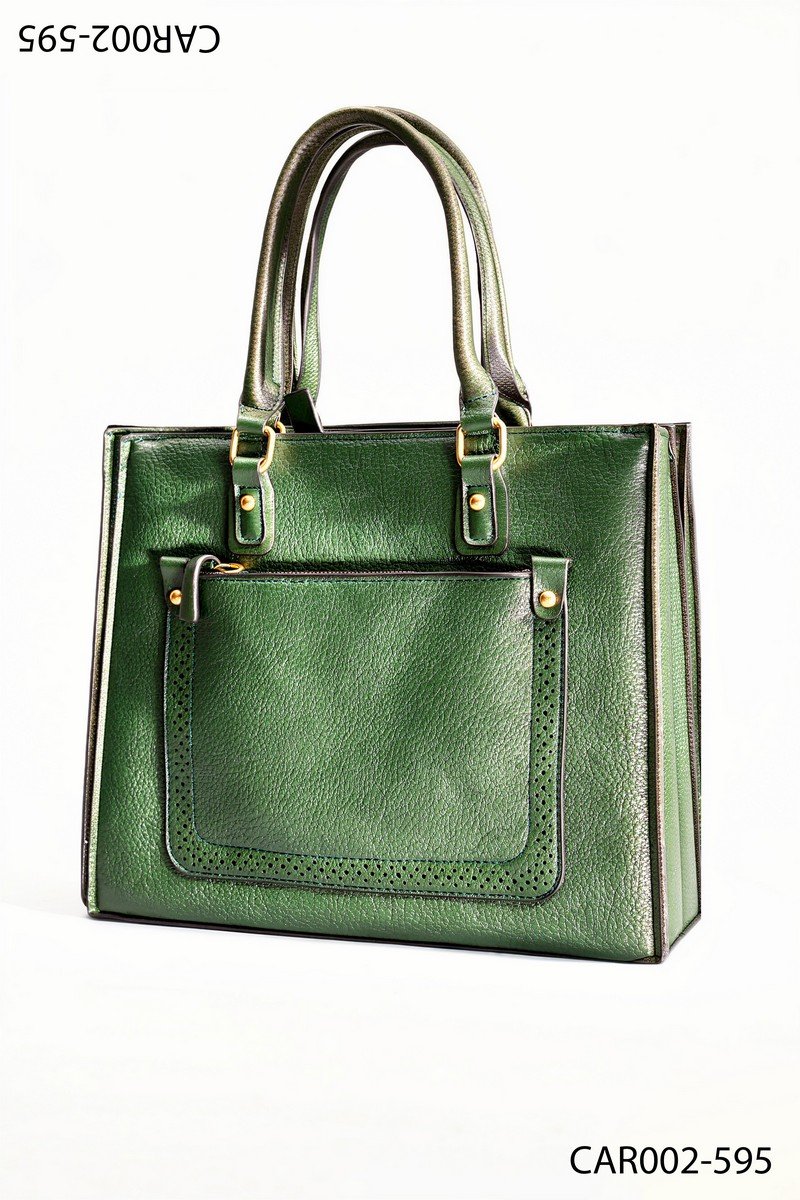Cartera de cuero verde con asas resistentes y herrajes dorados CAR002