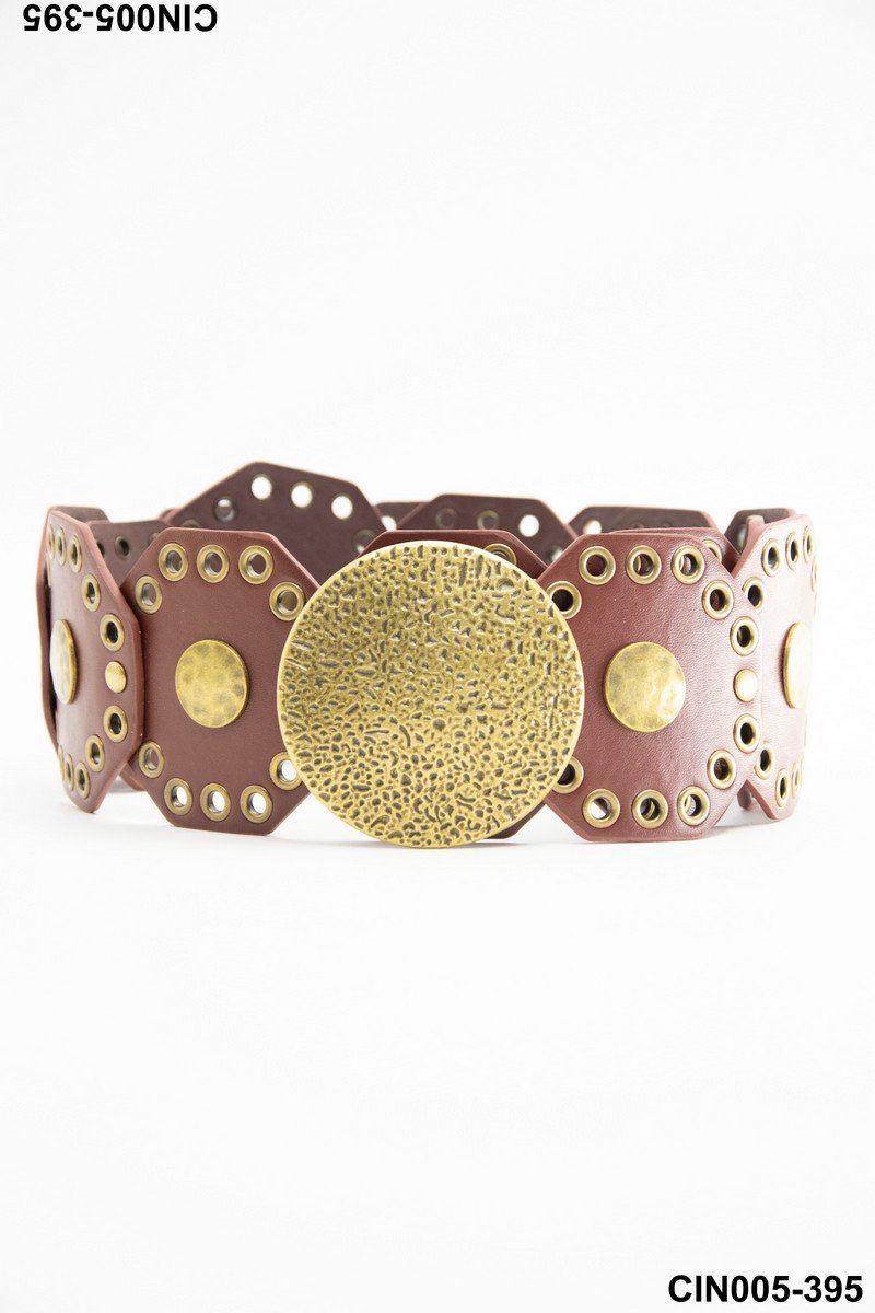 Cinturón ancho marrón con hebilla de bronce y segmentos hexagonales CIN005