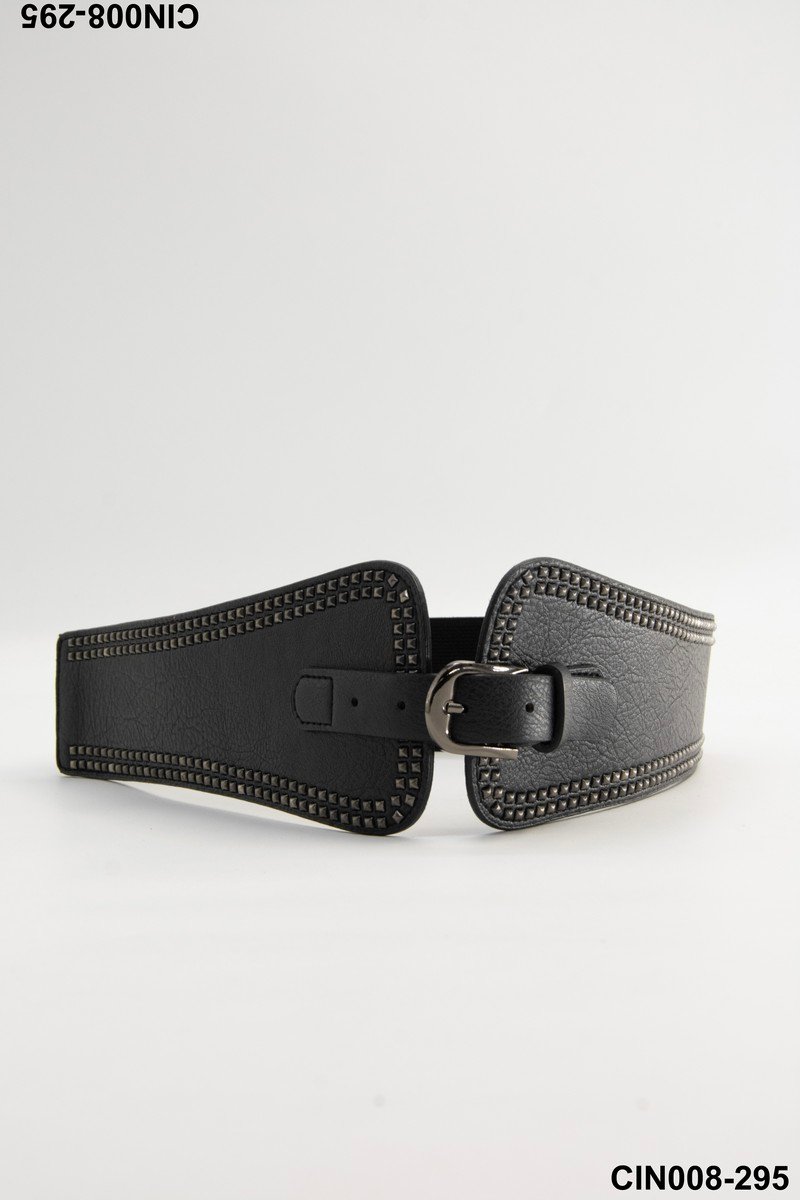 Cinturón ancho negro con hebilla plateada y tachas cuadradas CIN008
