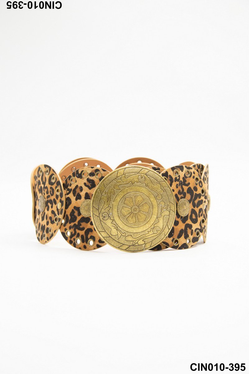 Cinturón con placas animal print y discos de bronce grabados CIN010