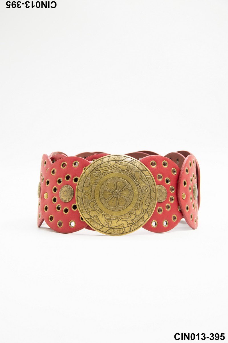 Cinturón de cuero rojo con placas de bronce grabadas CIN0113