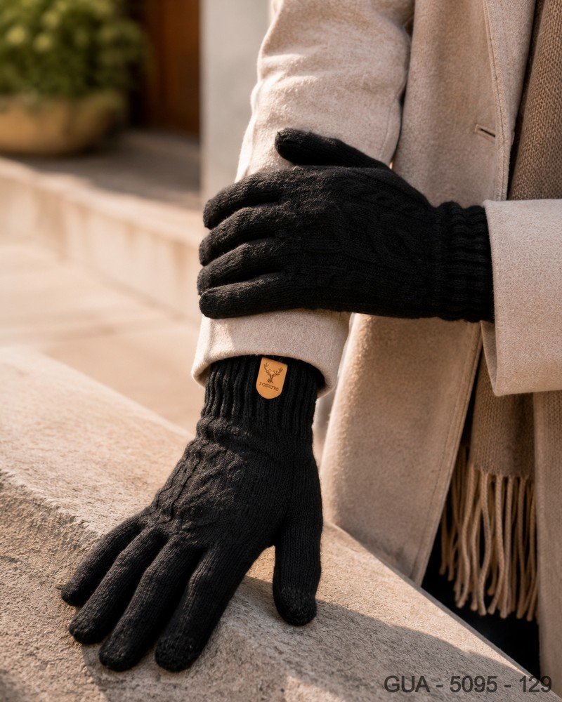 Guantes de Lana Negros con Trama Trenzada y Detalle de Etiqueta de Cuero GUA5095