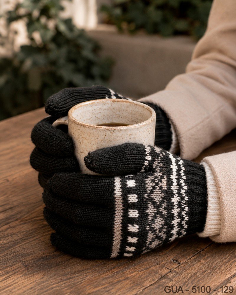 Guantes de Lana Negros con Motivo Jacquard Nórdico en Blanco y Gris GUA5100