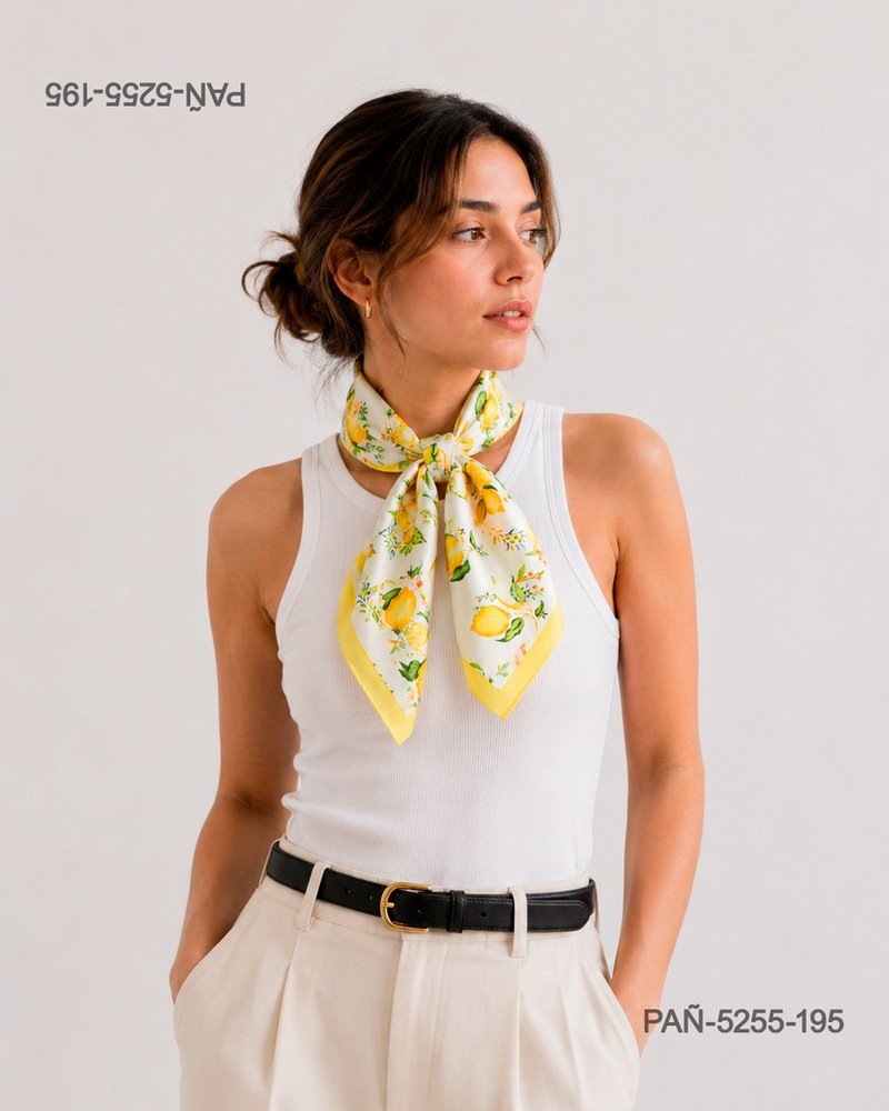 Pañuelo amarillo de seda con estampado cítrico floral, fresco y luminoso PAÑ5255