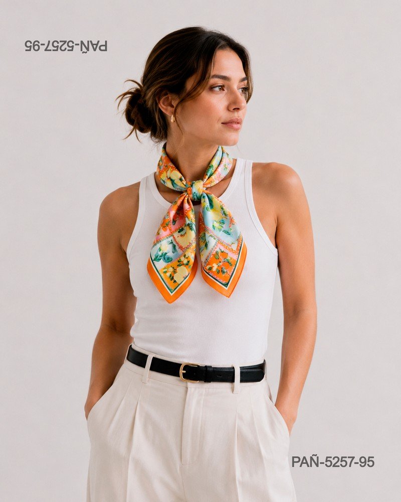 Pañuelo de seda multicolor con estampado vibrante, alegre y sofisticado PAÑ5257