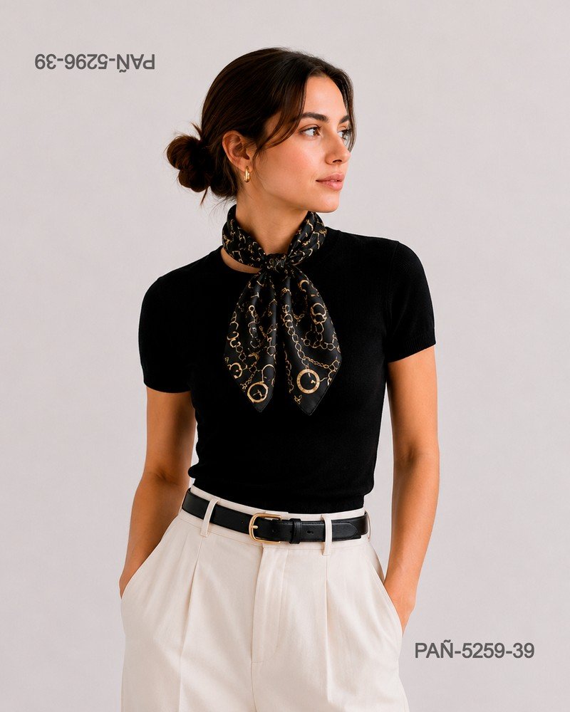 Pañuelo negro con estampado de cadenas doradas, sofisticado y elegante PAÑ5259