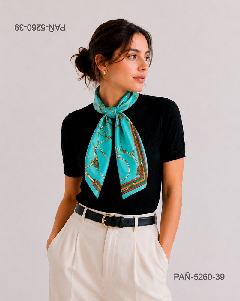 Pañuelo turquesa con estampado de cadenas doradas, elegante y llamativo PAÑ5260