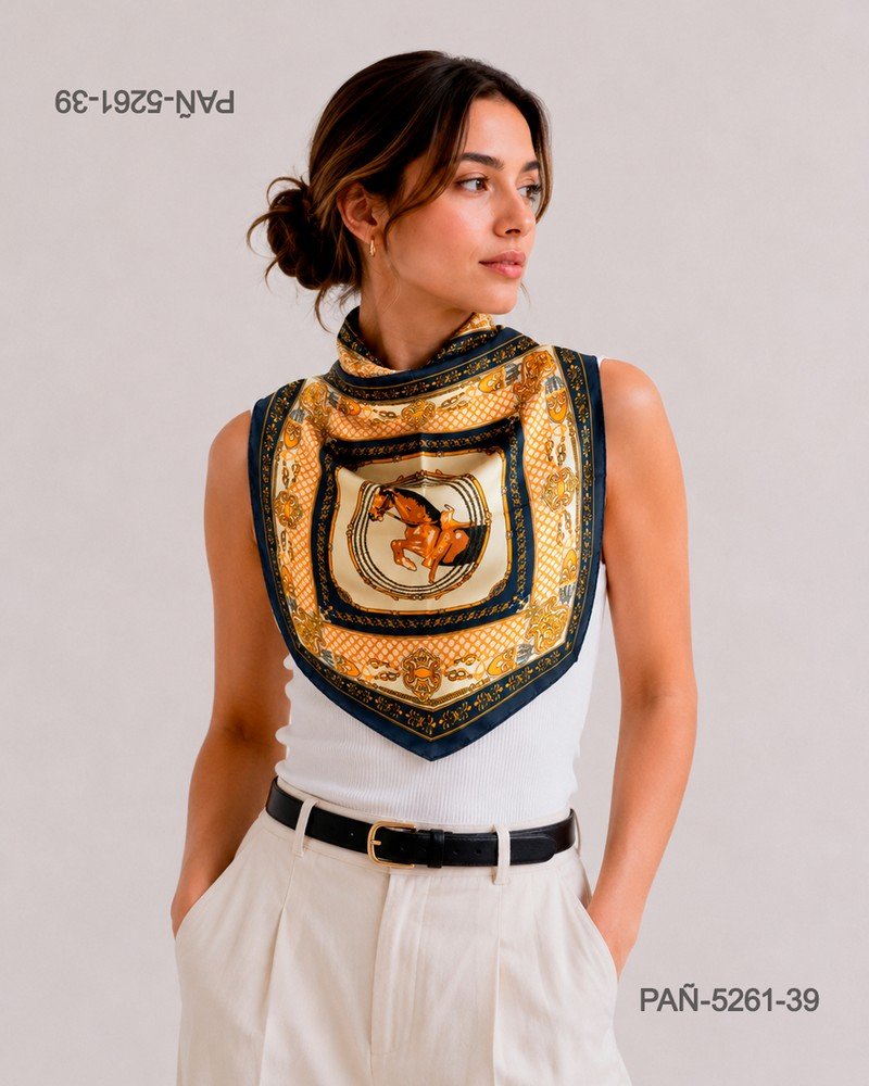 "Pañuelo de seda en tonos azul marino y dorado con diseño ecuestre PAÑ5261