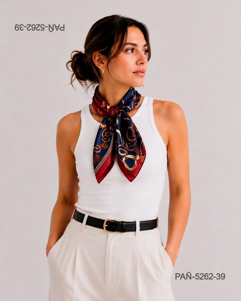 Pañuelo de seda azul marino con estampado rojo, elegante y versátil PAÑ5262