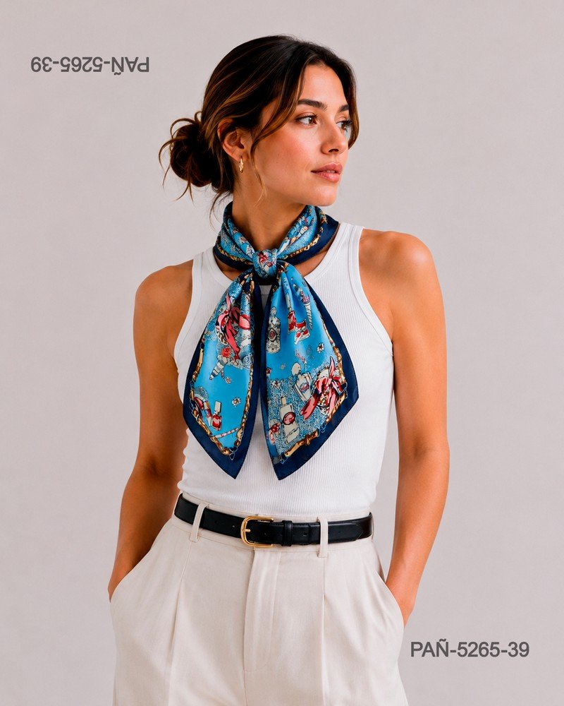 Pañuelo azul con estampado multicolor, elegante y lleno de estilo PAÑ5265