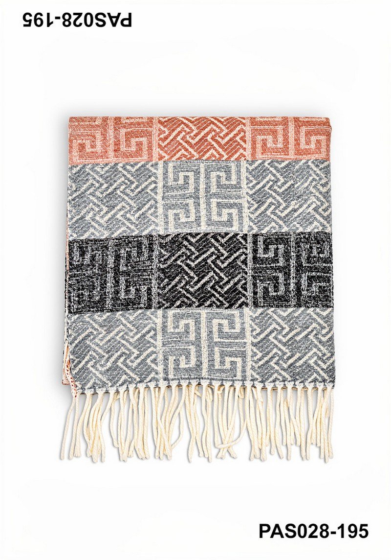 Pashmina con diseño geométrico en tonos terracota, gris y negro con flecos PAS028