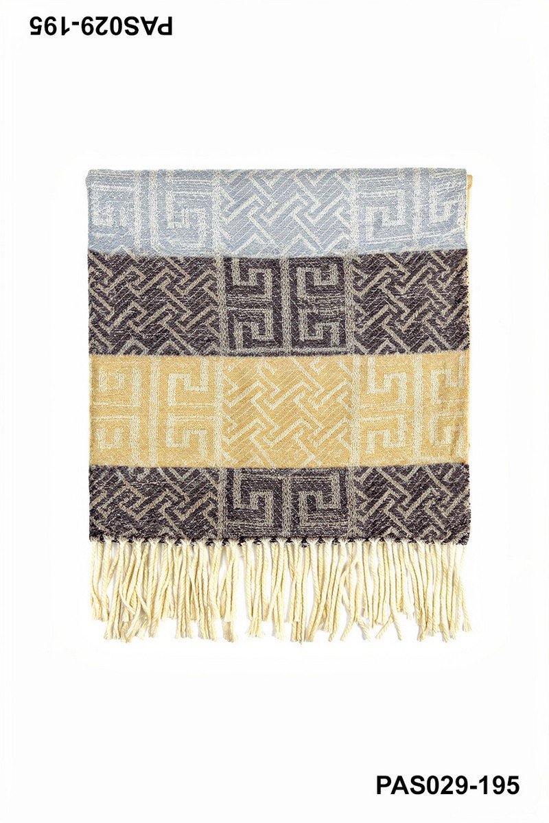 Pashmina con diseño geométrico en tonos azul, marrón y mostaza con flecos PAS029