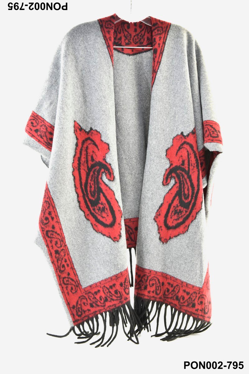 Poncho gris con detalles en rojo y negro – Estilo bohemio PON002