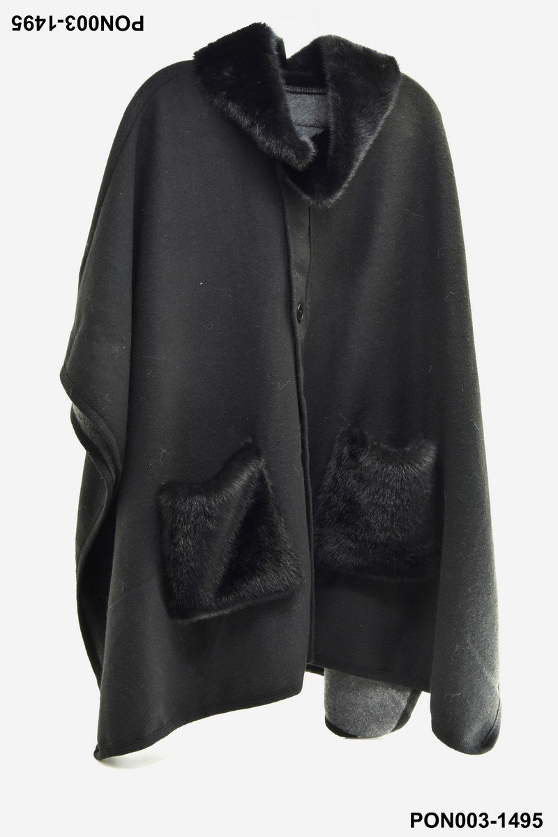 Capa negra con cuello y bolsillos de pelo sintético PON003