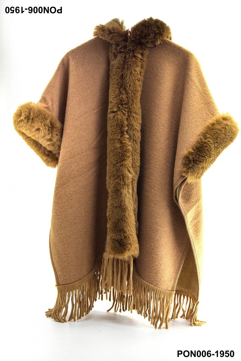Poncho de tela con ribete de piel sintética y flecos PON006