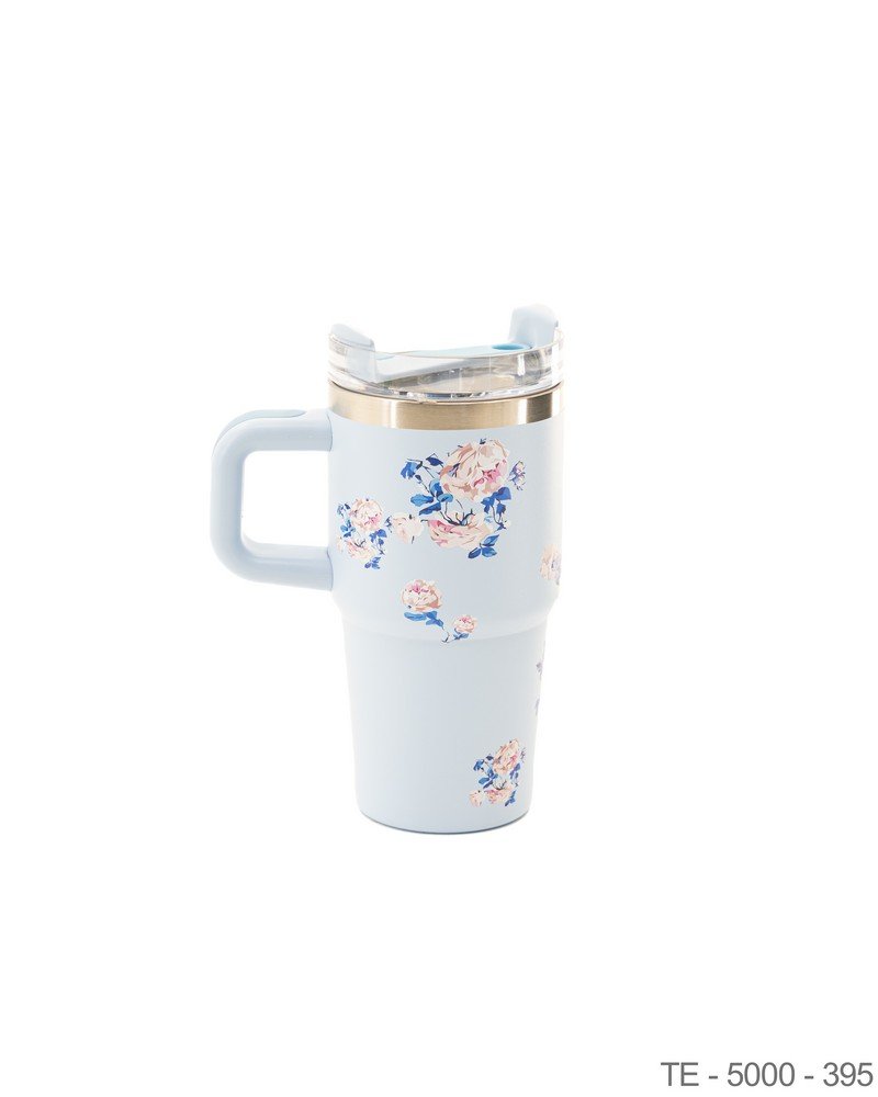Mug Térmico Celeste con Estampado de Rosas y Asa Integrada TE5000
