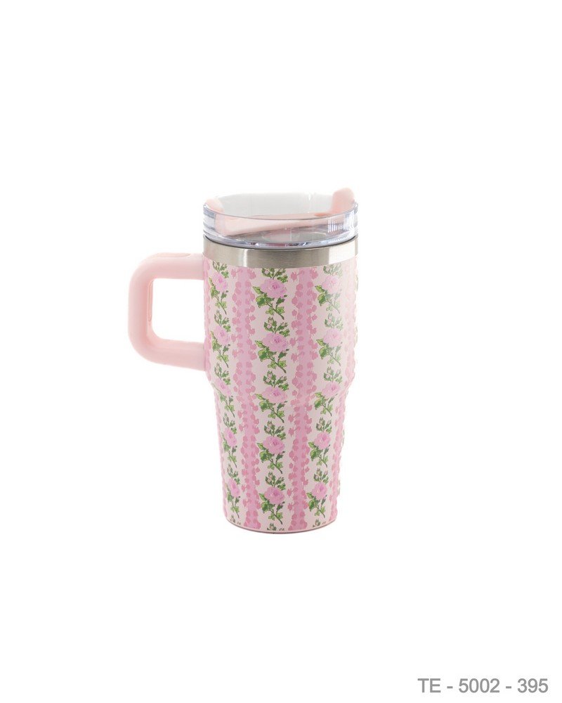 Mug Térmico Rosa con Estampado Floral Vertical y Asa Integrada TE5002