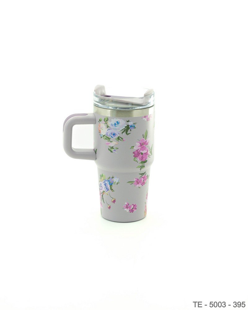 Mug Térmico Gris con Estampado de Flores Multicolores y Asa Integrada TE5003
