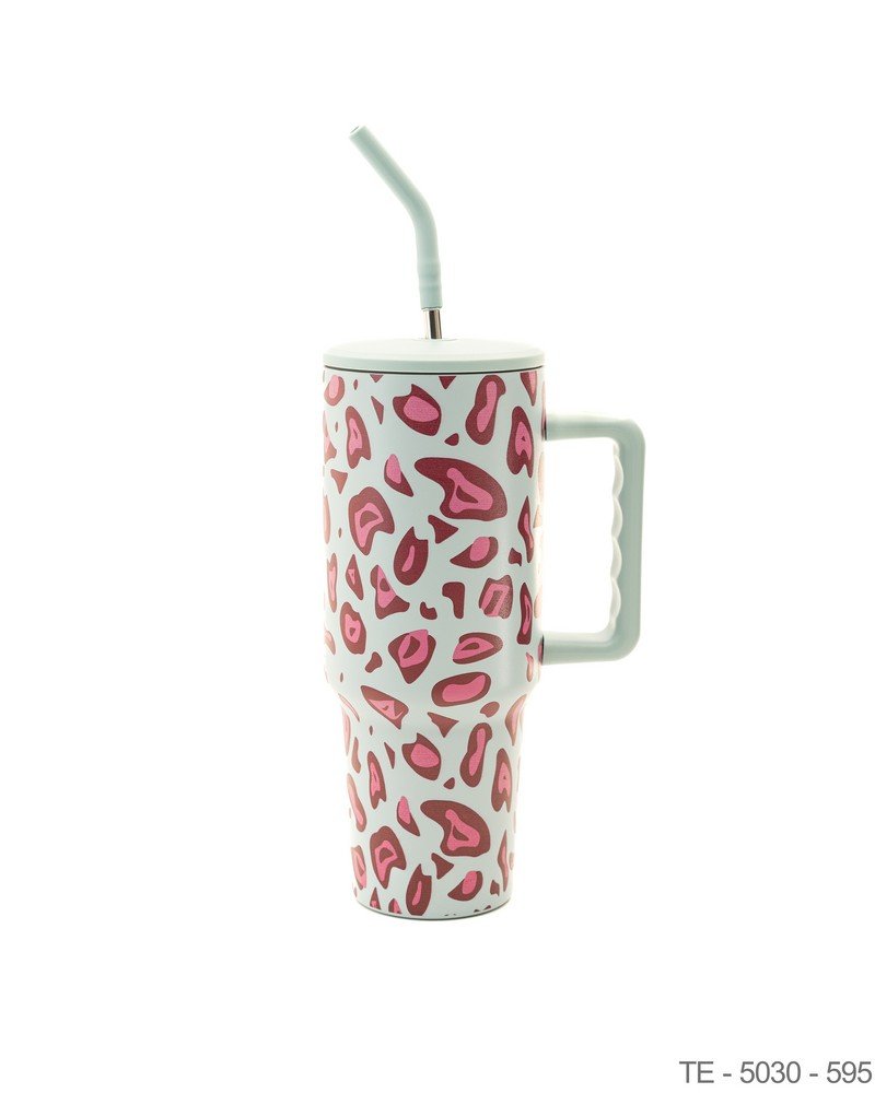 Mug Térmico Animal Print Celeste con Pajita y Asa Ergonómica TE5030
