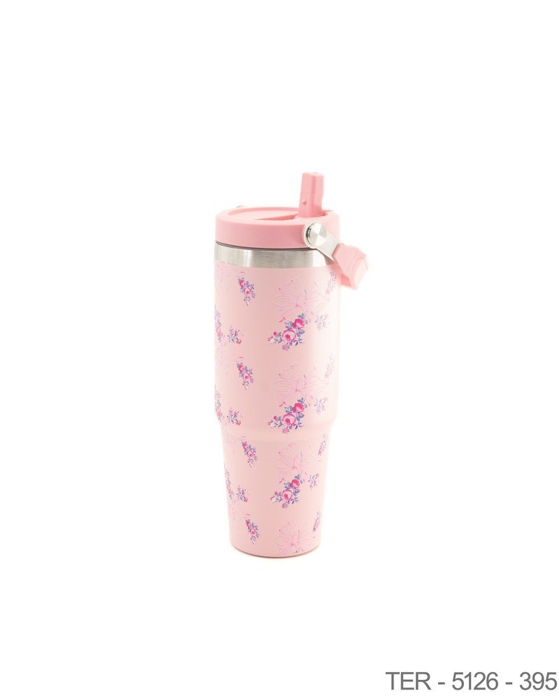 Mug Térmico Rosa con Estampado Floral y Asa Rebatible TER5126