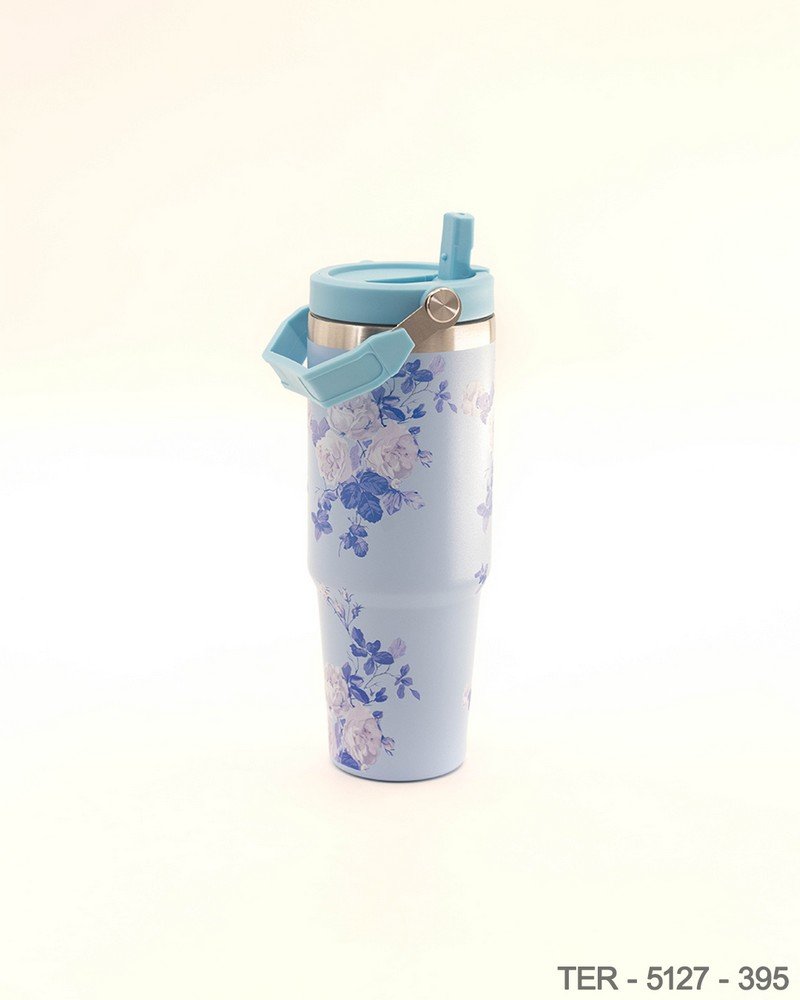 Mug Térmico Celeste con Estampado Floral y Asa Rebatible TER5127