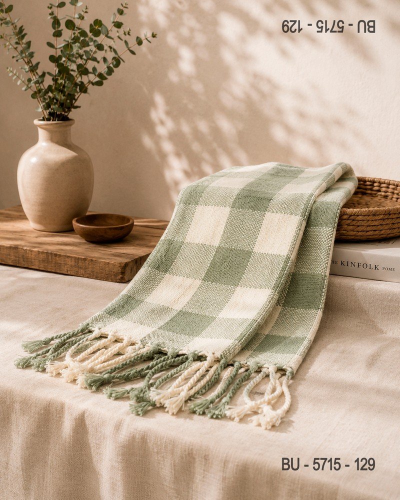 Bufanda Cuadros Verde y Crema con Flecos BU5715