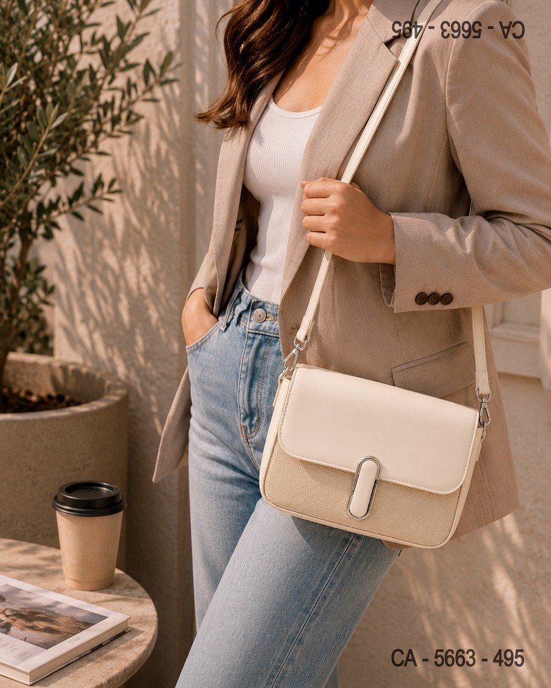 Cartera Beige y Crema Crossbody con Cierre Plateado CA5663