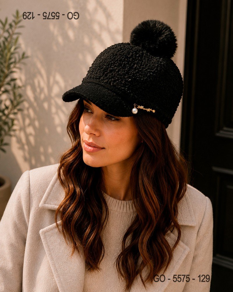 Gorra de Borreguito Negra con Pompón y Detalle de Perla Dorada GO5575